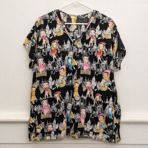 Betty Boop NYC Nurse Scrub Top Medium Black Cartoon Print V-Neck Unisex Shirt